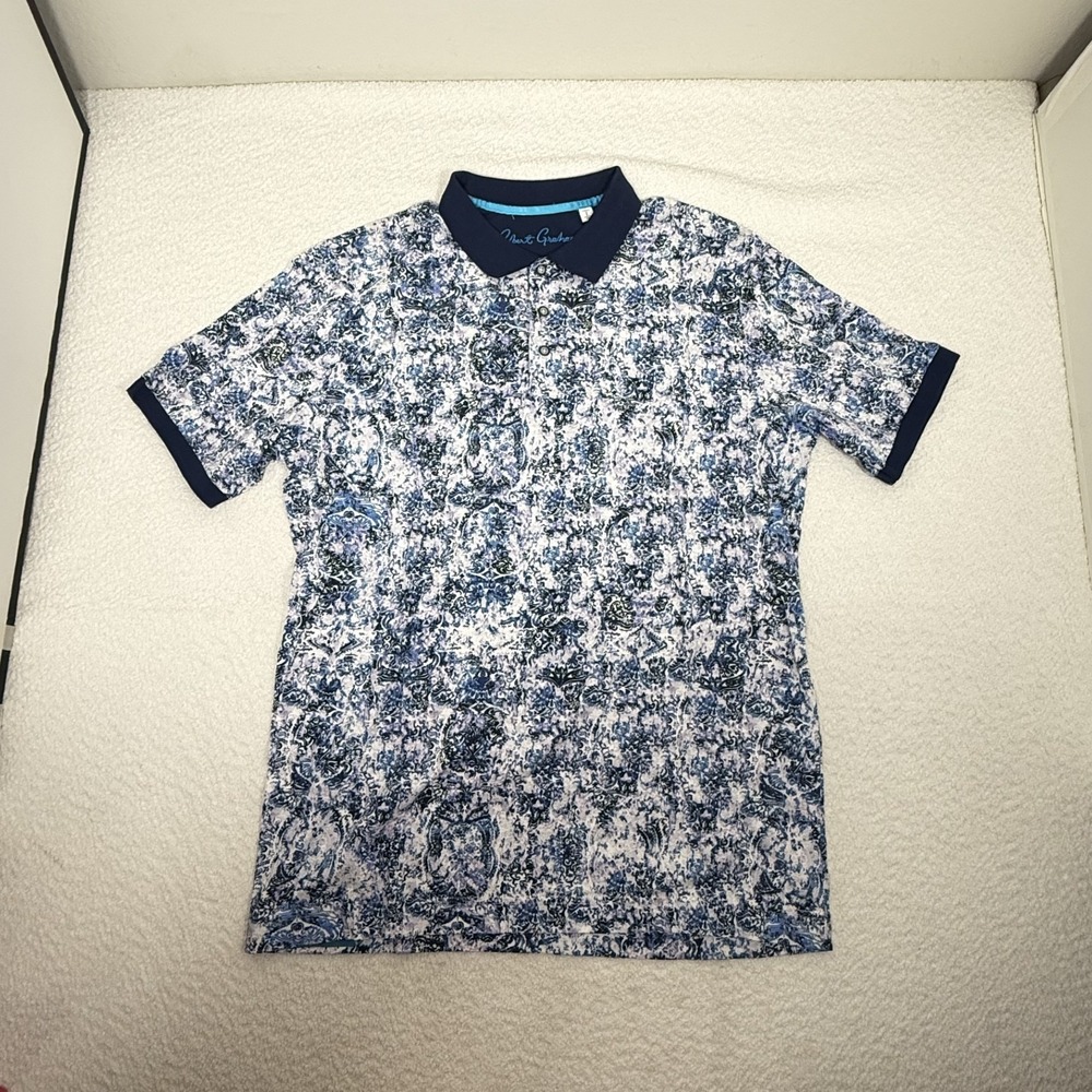 Robert Graham Mens L Navy Paisley Print Polo Shirt Classic Fit Supima Cotton